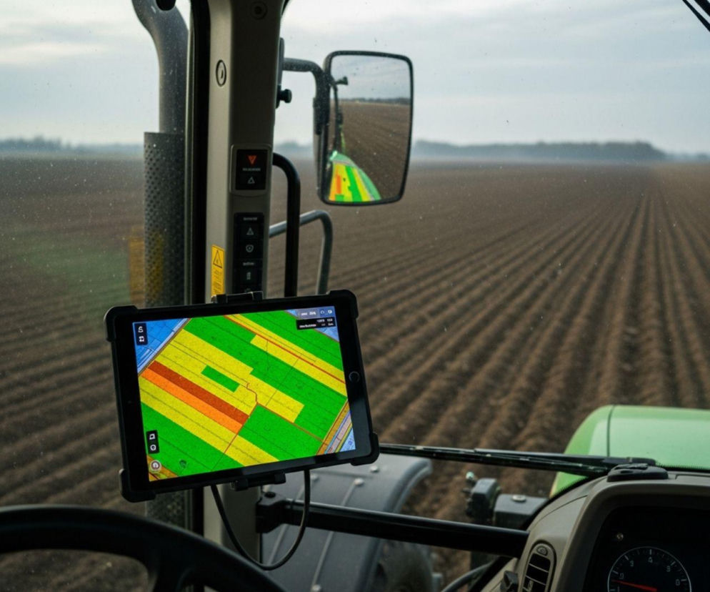 Tablet z mapą pól i danymi agronomicznymi zamontowany w kabinie ciągnika rolniczego, widok zza kierownicy na orane pole, symbolizujący nowoczesne rolnictwo 4.0 i cyfrowe bliźniaki gospodarstw. Więcej o wsparciu dla rolników na Super Biznes.