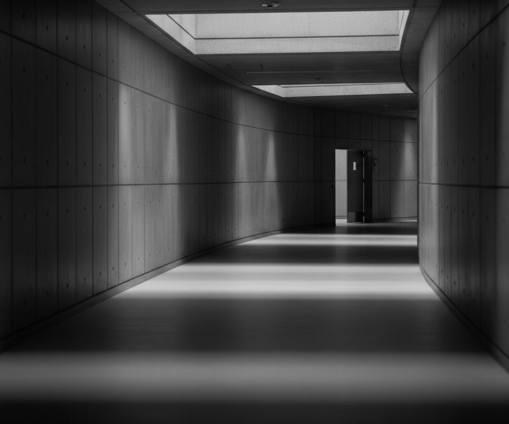 Wąski korytarz, oświetlony naturalnym światłem z otworów w suficie, rozciąga się w głąb obrazu. Ściany wykonane są z paneli betonowych, widoczne są na nich pionowe linie oraz mniejsze, okrągłe wgłębienia. Światło tworzy na podłodze i ścianach jasne, podłużne pasy, kontrastujące z ciemniejszymi partiami cienia. W oddali, po prawej stronie korytarza, widoczne są otwarte drzwi, a za nimi pionowy prostokąt jasnego światła.