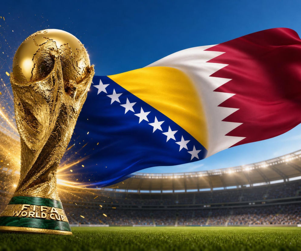 Złoty Puchar Świata FIFA na tle flag Bośni i Hercegowiny oraz Kataru, symbolizujący rywalizację obu drużyn na Mundialu 2026. Pełne statystyki i składy meczu Bośnia i Hercegowina – Katar znajdziesz na naszym portalu.