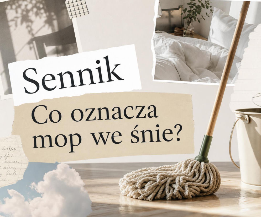Mop sznurkowy na podłodze obok wiadra. Na miniaturce u góry pościelone łóżko. O senniku mopa przeczytasz na SE.
