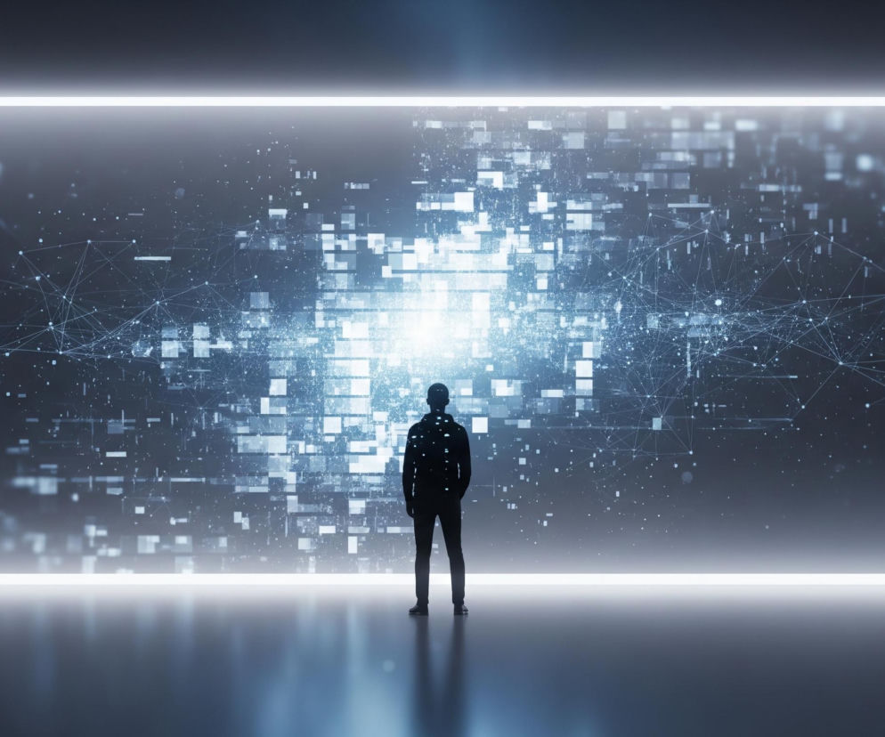 Sylwetka osoby stoi tyłem, patrząc na rozświetloną ścianę pełną abstrakcyjnych kształtów i linii. Ciemna postać ubrana jest w bluzę z kapturem i spodnie, z rękami w kieszeniach. Ściana za nią to duży, prostokątny panel, na którym widoczne są liczne, drobne białe i jasnoniebieskie kwadraty oraz połączone ze sobą punkty tworzące siatkę. Na dole i u góry ściany biegną poziome, jasne linie światła. Podłoga odbija światło z panelu i górnej linii, tworząc wrażenie mokrej lub błyszczącej powierzchni.