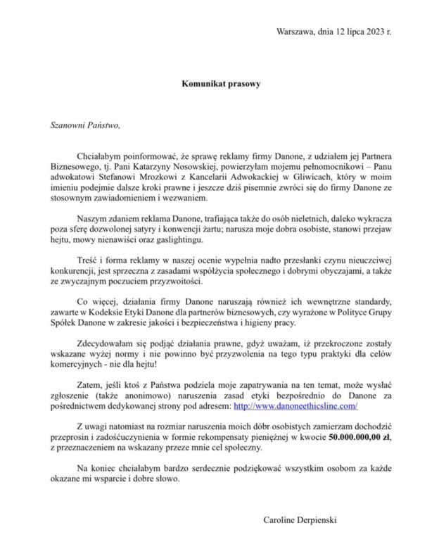 Caroline Derpienski pozywa Katarzynę Nosowską 