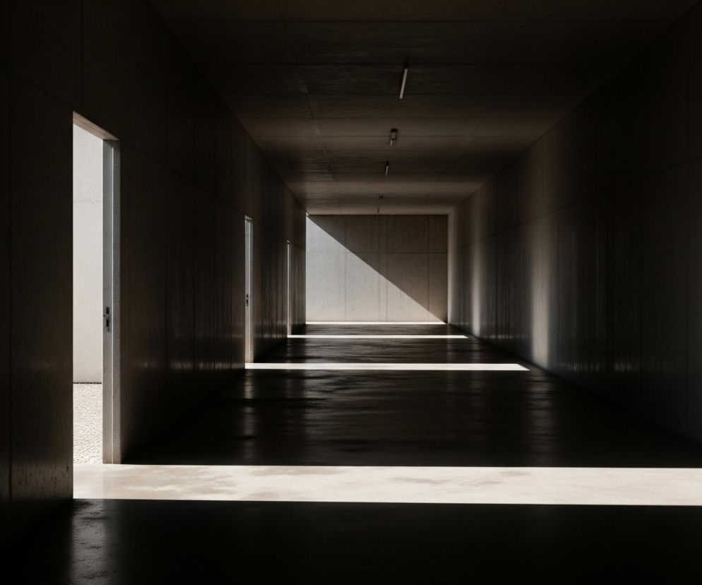 Długi korytarz z betonu, oświetlony naturalnym światłem z otwartych drzwi po lewej stronie i kilku mniejszych, równomiernie rozmieszczonych po prawej. Na posadzce i ścianach widoczne są wyraźne, prostokątne pasy światła, tworzące głębokie kontrasty z zacienionymi obszarami. Sufit, ściany i podłoga mają szarobrązową, nierówną teksturę, a na suficie zamontowane są podłużne lampy.