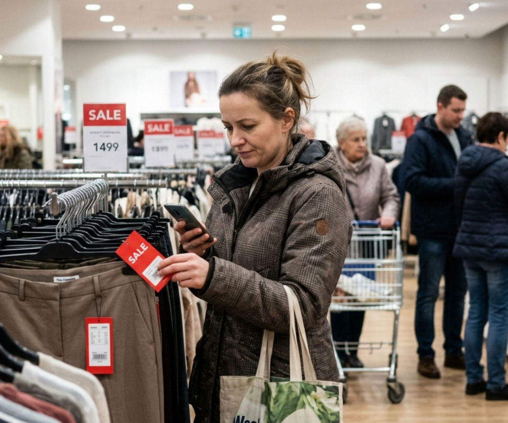 Kobieta sprawdza cenę na czerwonej metce podczas wyprzedaży w sklepie. O zamykaniu salonów H&M przeczytasz na SE.