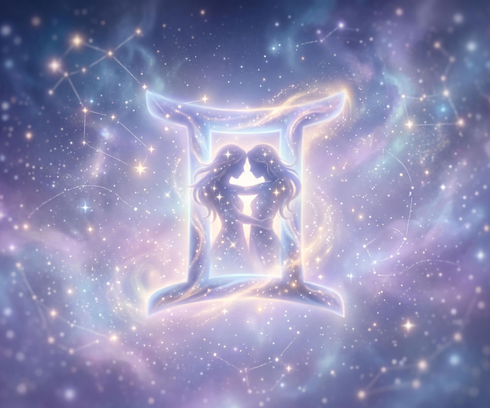 Symbol zodiakalnych Bliźniąt na tle gwieździstego nieba. O horoskopie dla Bliźniąt przeczytasz na Eska.