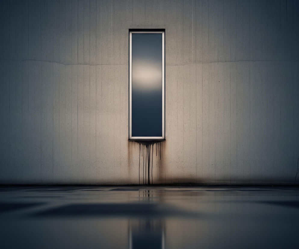 Centralnie na tle betonowej ściany znajduje się wysokie, wąskie okno w metalowej ramie. Szyba w oknie odbija rozmyte światło, jaśniejsze w górnej części i ciemniejsze na dole. Pod oknem widać ciemne, pionowe zacieki, które spływają po ścianie. Ściana jest teksturowana, z drobnymi kropkami i pionowymi liniami, a także poziomymi pęknięciami, zwłaszcza w górnej części. Na pierwszym planie widoczna jest mokra, lustrzana posadzka, która odbija otoczenie, z wyraźnymi prostokątnymi wzorami i subtelnymi falami na powierzchni. Cały obraz utrzymany jest w ciemnej, stonowanej kolorystyce szarości, granatu i czerni, z delikatnymi jaśniejszymi akcentami.