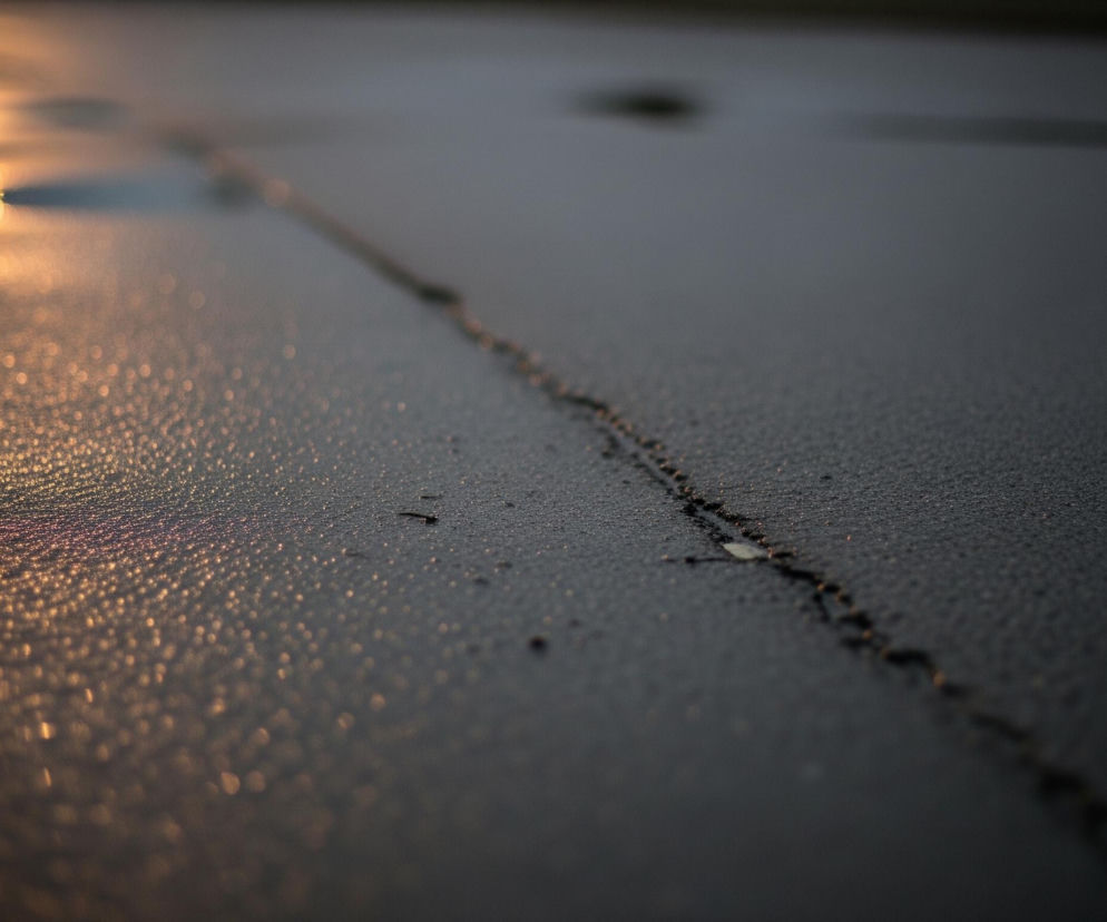 Pobladzona, ciemna powierzchnia z widocznym pęknięciem rozciągającym się po przekątnej przez środek. Lewa strona zdjęcia, szczególnie w dolnej części, jest rozświetlona złotym blaskiem, tworząc liczne punkty świetlne i refleksy na matowej teksturze. W górnej części obrazu widoczne są rozmyte, jasne plamy, które odbijają światło.