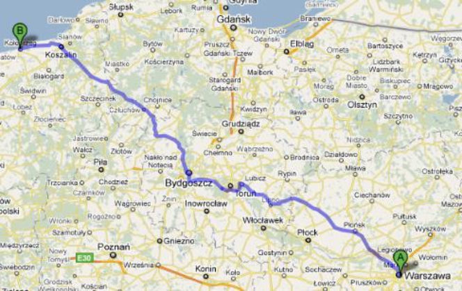 Trasa 10 i 25 Warszawa-Kołobrzeg - mapka