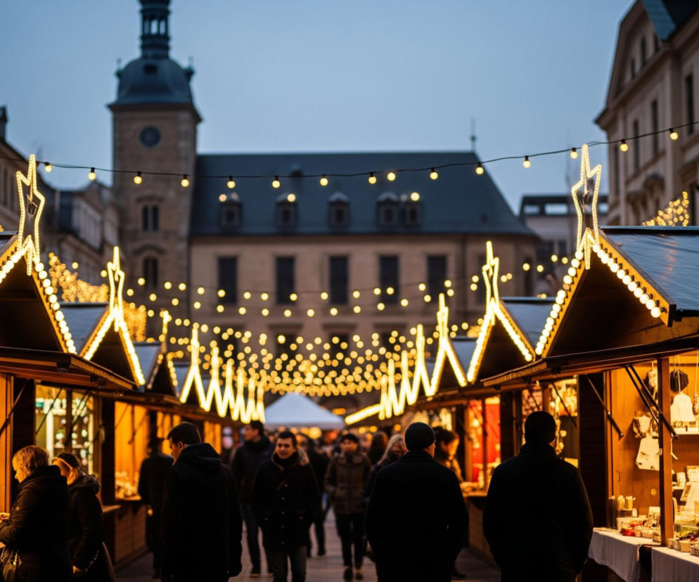 Ulica pełna straganów, rozświetlona licznymi żółtymi lampkami, tworzy świąteczny nastrój. Po obu stronach alei stoją drewniane budki z otwartymi witrynami, oferujące różnorodne towary. W tle majaczy duży budynek z wieżą i zegarem, a ponad straganami rozciągają się sznury światełek, z których część układa się w kształt gwiazd. Pomiędzy budkami widać ludzi, spacerujących w kierunku oddalającego się centrum miasta.