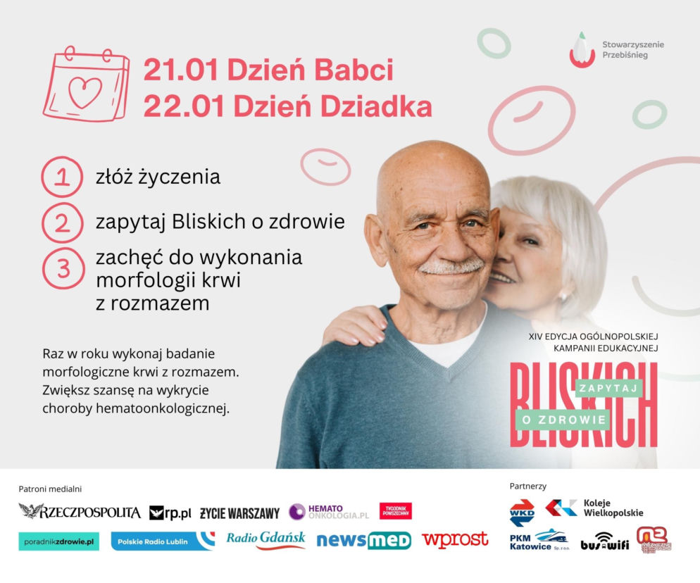 Uśmiechnięta starsza para – mężczyzna z wąsem i siwa kobieta opierająca głowę na jego ramieniu. W tle grafika informująca o Dniu Babci i Dziadka oraz kampanii „Zapytaj Bliskich o Zdrowie”. Artykuł na Poradnik Zdrowie przypomina o ważnych badaniach profilaktycznych.