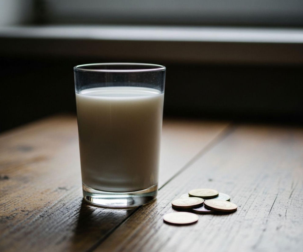 Szklanka mleka obok leżących monet symbolizuje spadające ceny skupu mleka w Polsce i trudną sytuację producentów, o której przeczytasz na portalu Super Biznes.