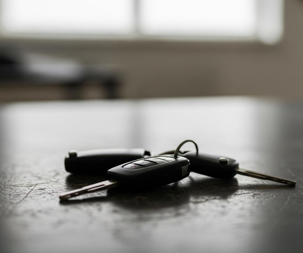 Na pierwszym planie, na ciemnym, teksturalnym blacie, leżą trzy czarne kluczyki samochodowe. Jeden kluczyk, umieszczony centralnie i ostro wyostrzony, posiada srebrny grot wysunięty z czarnej obudowy z czterema przyciskami funkcyjnymi; jest on połączony metalowym kółkiem z drugim kluczykiem, widocznym częściowo po prawej. Trzeci kluczyk, z wysuniętym grotem, leży częściowo za pierwszym po lewej stronie. Tło jest rozmyte, ukazując jasne okno oraz niewyraźne zarysy mebli i ścian w pomieszczeniu, tworząc jasny kontrast z ciemnym blatem.