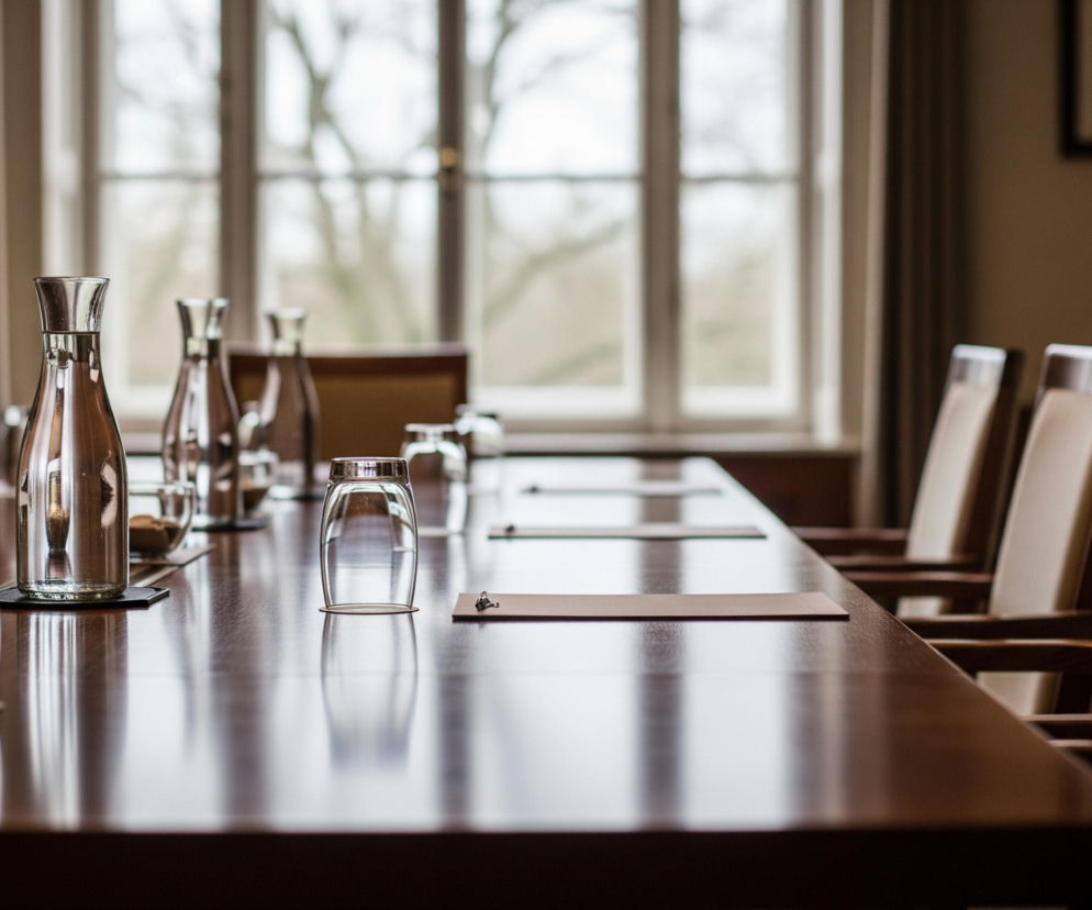 Długi, polerowany, ciemnobrązowy stół konferencyjny rozciąga się przez środek kadru, odbijając jasne światło z okien. Na stole rozmieszczone są szklane karafki z wodą i odwrócone szklanki, ustawione na czarnych podkładkach lub bezpośrednio na blacie. Obok każdej szklanki znajduje się beżowa karteczka lub mała podkładka. Wzdłuż prawej krawędzi stołu widać rząd drewnianych krzeseł z jasnymi, tapicerowanymi oparciami. W tle widoczne są duże okna z jasnymi framugami, przez które prześwituje rozmyty widok drzew. Po lewej stronie górnej części kadru na ścianie wisi ciemna rama obrazu.