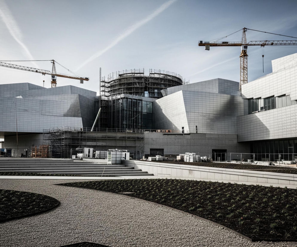 Centralnym elementem obrazu jest duży, modernistyczny budynek w trakcie budowy, składający się z nieregularnych, kanciastych brył pokrytych jasnymi, kwadratowymi panelami. Nad budynkiem wznoszą się dwie żółte, metalowe żurawie budowlane. Środkowa część konstrukcji pokryta jest rusztowaniami i siatkami ochronnymi. Przed budynkiem rozciąga się przestrzeń z szerokimi, betonowymi schodami i fragmentami zieleni, gdzie na ciemnej ziemi widoczne są drobne, jasnozielone rośliny oraz ścieżki wysypane jasnym żwirem. Niebo jest błękitne z widocznymi smugami chmur.