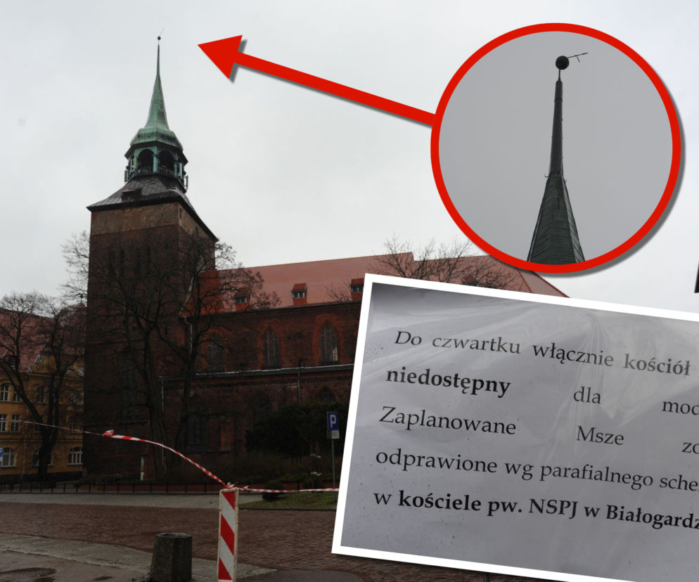 Groźnie w centrum Białogardu. Przechyliła się iglica kościoła