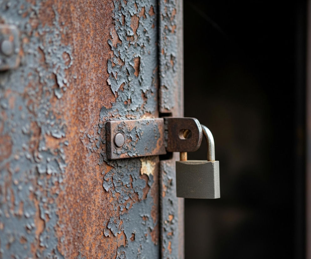 Prawy fragment starych, metalowych drzwi, prawdopodobnie od szafki lub niewielkiego pomieszczenia, jest uchylony, ukazując ciemne wnętrze. Drzwi pokryte są grubą warstwą łuszczącej się, szarej farby, spod której widać rudobrązowe plamy rdzy, tworzące nierówną, ziarnistą teksturę. Na środku drzwi znajduje się metalowa klamra z grubą zasuwą, która jest zabezpieczona prostą, metalową kłódką w odcieniu szarości. Lewa strona obrazu, przedstawiająca fragment lewych drzwi, jest rozmyta i również ukazuje łuszczące się farby i rdzę.