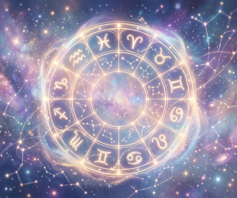 Świecący złoty krąg z symbolami znaków zodiaku na tle kosmosu i mgławic. O horoskopie przeczytasz w VOX FM.