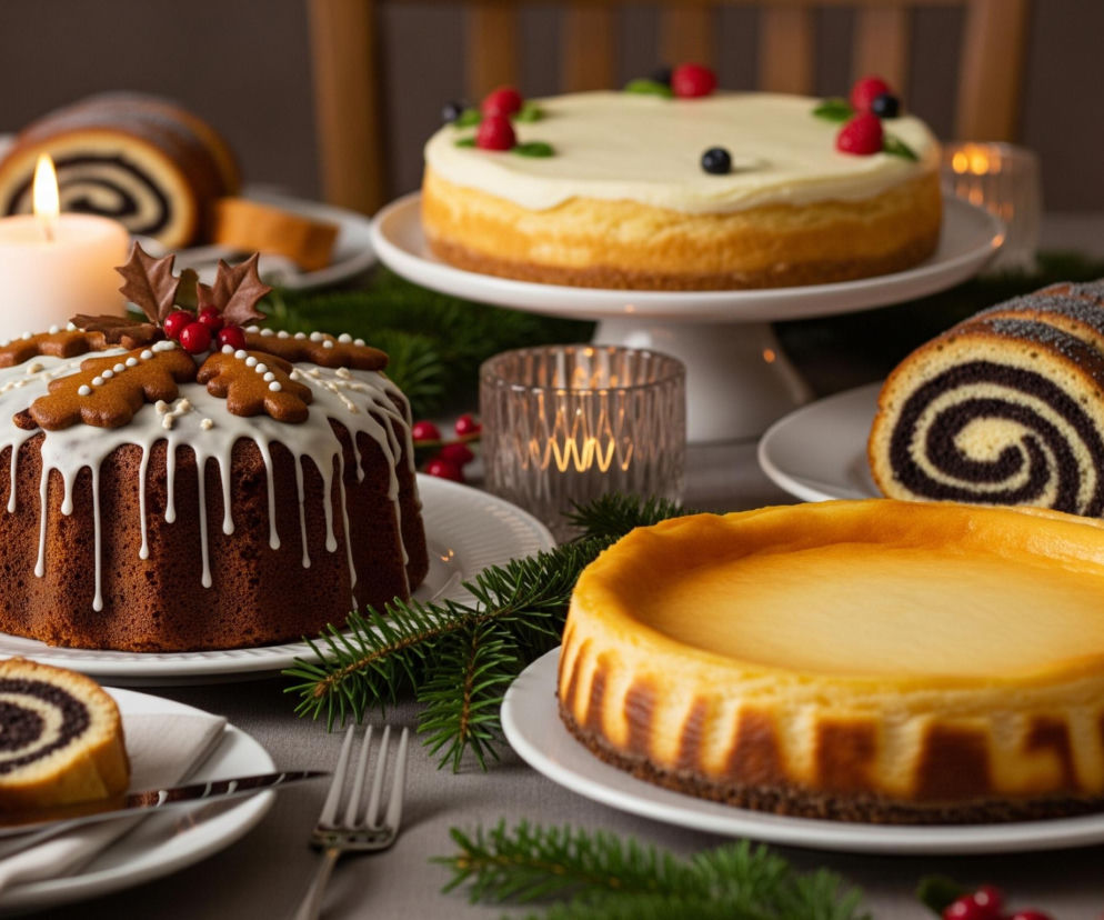 Na środku stołu, pokrytego szarym obrusem, stoi ciemny piernikowy tort z białym lukrem spływającym po bokach i dekoracją z ciastek w kształcie ludzików, czerwonych jagód oraz zielonych listków ostrokrzewu na wierzchu, umieszczony na białym talerzu. Po prawej stronie, na pierwszym planie, widoczny jest okrągły, jasnożółty sernik na ciemnym spodzie, również na białym talerzu, a za nim, dalej na prawo, leży długi makowiec posypany makiem. W tle, na podwyższonej podstawce, znajduje się kolejny sernik z białą polewą, ozdobiony czerwonymi malinami i ciemnymi borówkami, otoczony zielonymi gałązkami jodły oraz dwoma zapalonymi świecami w świecznikach. Lewa strona stołu prezentuje pokrojone kawałki makowca na talerzach, z widelcem leżącym obok.