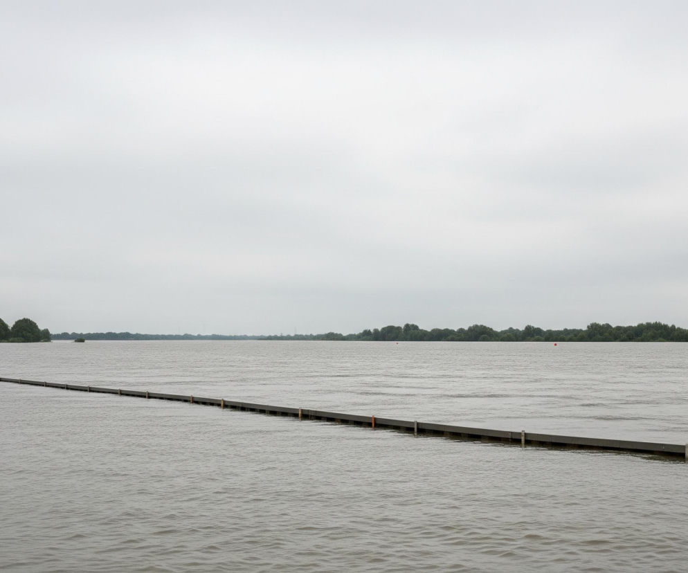 Pozioma, długa, ciemnoszara konstrukcja przypominająca barierę rozciąga się przez środek wodnego obszaru, znikając w oddali. Po lewej stronie, wzdłuż brzegu, widoczne są gęste zielone drzewa i trawiasty teren, częściowo zalany wodą. Po prawej stronie i w tle horyzontu rozpościera się szeroki pas wody, a za nim kolejny ciemnozielony las, znikający w mglistym oddaleniu. Całe niebo pokrywa jednolita warstwa jasnoszarych chmur, tworząc pochmurny dzień.