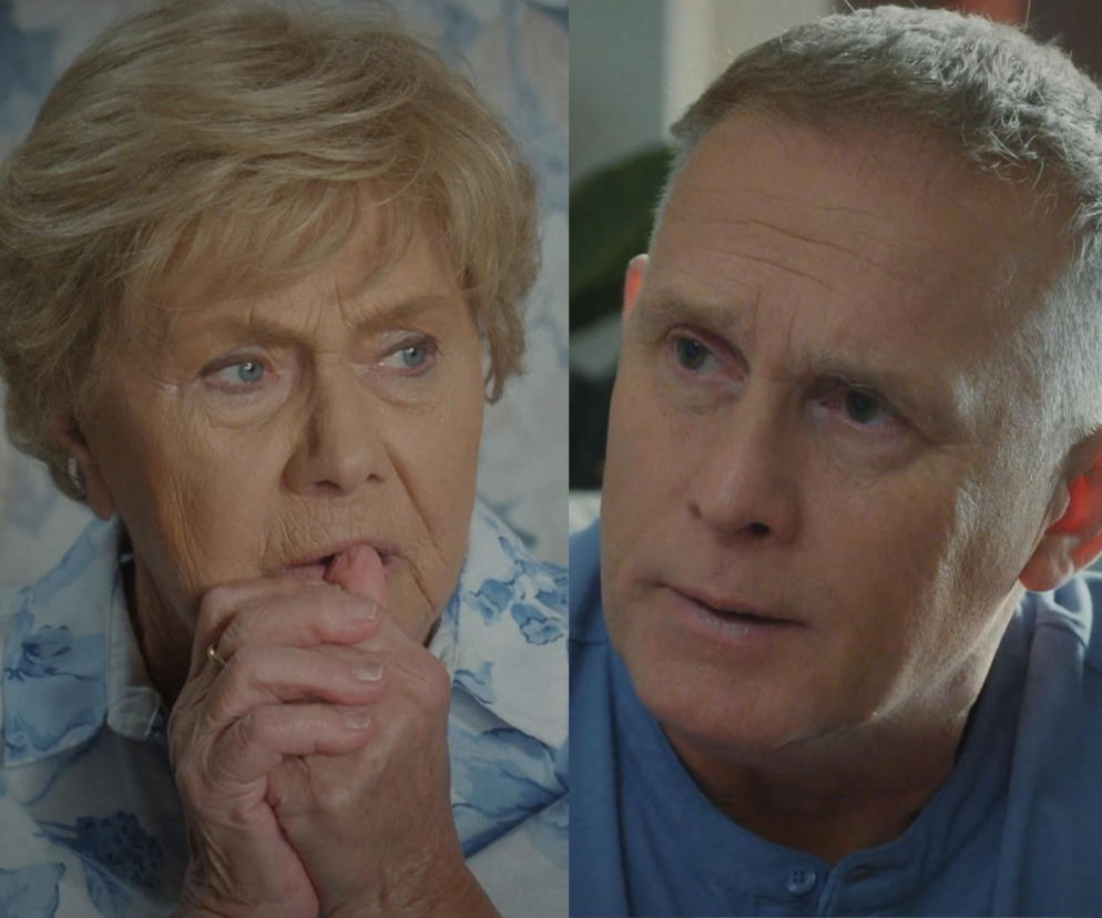 Barbara Mostowiakowa z zaciśniętymi dłońmi i Artur Rogowski podczas poważnej rozmowy, gdzie Artur wyznaje Mostowiakowej całą prawdę o Franki i jej poważnej operacji w 1907 odcinku serialu M jak Miłość. Więcej o tym na Super Seriale.