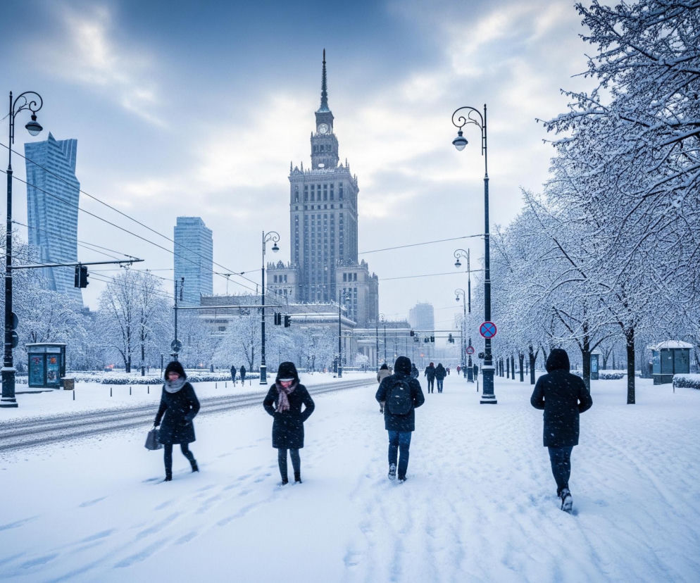 Cztery osoby idące po zaśnieżonym chodniku w kierunku wysokiego budynku z wieżą zegarową dominują na pierwszym planie, z dwoma osobami widocznymi z przodu i dwiema z tyłu, wszystkie ubrane w ciemne płaszcze. Sceneria miejska pokryta jest grubą warstwą śniegu, co widać na ulicach, chodnikach oraz na gałęziach licznych drzew rosnących po obu stronach drogi. W tle widoczny jest strzelisty budynek z iglicą i zegarem, otoczony innymi, nieco mniejszymi, nowoczesnymi wieżowcami, wszystko pod zachmurzonym, błękitno-szarym niebem. Czarne latarnie uliczne z ozdobnymi wspornikami i okablowaniem rozciągają się wzdłuż chodnika, a ślady stóp widoczne są w świeżym śniegu na pierwszym planie.