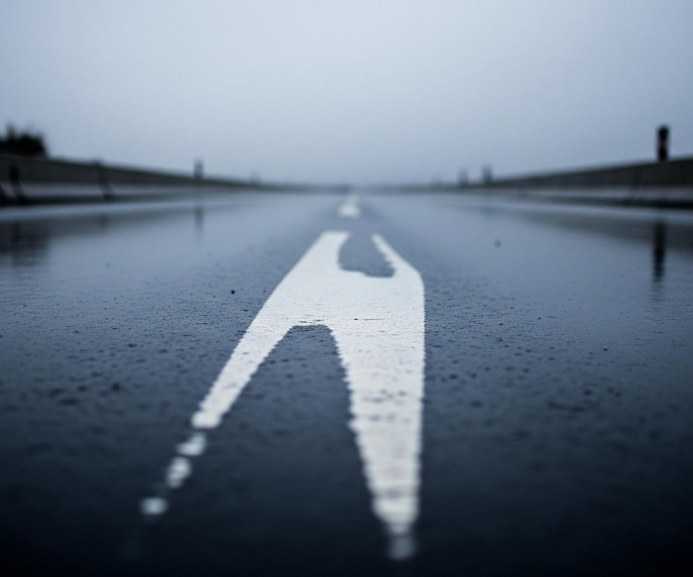 Asfaltowa nawierzchnia drogi, pokryta licznymi kroplami deszczu, rozciąga się w głąb obrazu. Na środku jezdni biegnie pojedyncza, biała linia, która w oddali rozgałęzia się na dwie. Po obu stronach drogi widoczne są szare barierki ochronne, rozmyte w tle. Niebo jest jednolicie jasnoszare, bez wyraźnych chmur, tworząc ogólny ponury nastrój.