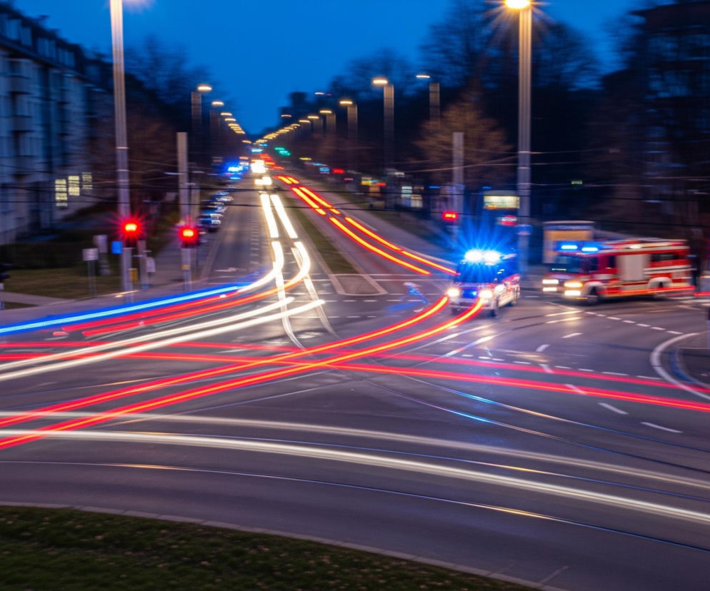 Nocny widok na ruchliwe skrzyżowanie z rozmyciem ruchu drogowego. Czerwony wóz strażacki z widocznymi niebieskimi światłami alarmowymi przejeżdża przez skrzyżowanie z prawej strony, a za nim jedzie inny samochód ratunkowy z niebieskim światłem błyskowym. Liczne smugi światła, głównie czerwone i białe, rozciągają się wzdłuż dróg, sugerując ruch pojazdów, a na horyzoncie widoczne są latarnie uliczne o ciepłej, żółtej barwie. Po lewej stronie widać budynki, a po prawej skrzyżowanie sygnalizacji świetlnej z czerwonymi światłami.