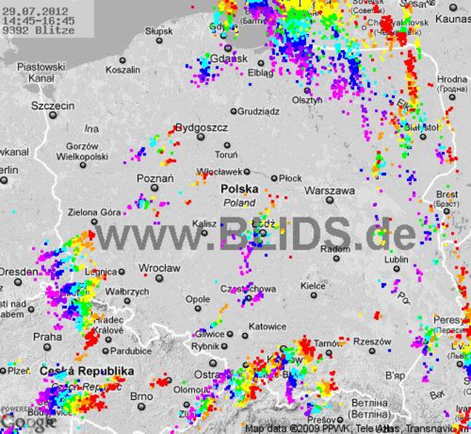 Burze w Polsce, 29.07.2012 - MAPA z godz. 14.45 - 16.45