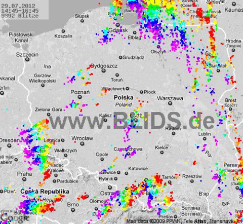 Burze w Polsce, 29.07.2012 - MAPA z godz. 14.45 - 16.45