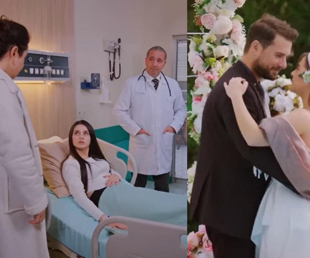 Po lewej kobieta w białym swetrze leży w szpitalnym łóżku, rozmawiając z inną kobietą w białym płaszczu i lekarzem. Po prawej, uśmiechnięta para, Sila i Kuzey, obejmuje się podczas zaręczyn, stojąc przed kwiatową dekoracją. Więcej o ich losach w Super Seriale.