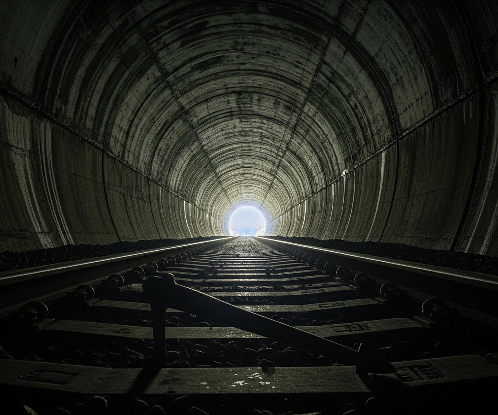 Centralnie umieszczone tory kolejowe z drewnianymi podkładami i kamiennym tłuczniem biegną przez tunel, zbiegając się w odległym, jasnym punkcie wyjścia. Wewnątrz tunelu panuje półmrok, a światło z końca oświetla jedynie fragment torów i dolną część sklepienia, tworząc wyraźne cienie. Sklepienie tunelu ma szarą, brudną teksturę z widocznymi poziomymi i pionowymi łączeniami, a miejscami widać smugi cieknącej wody.