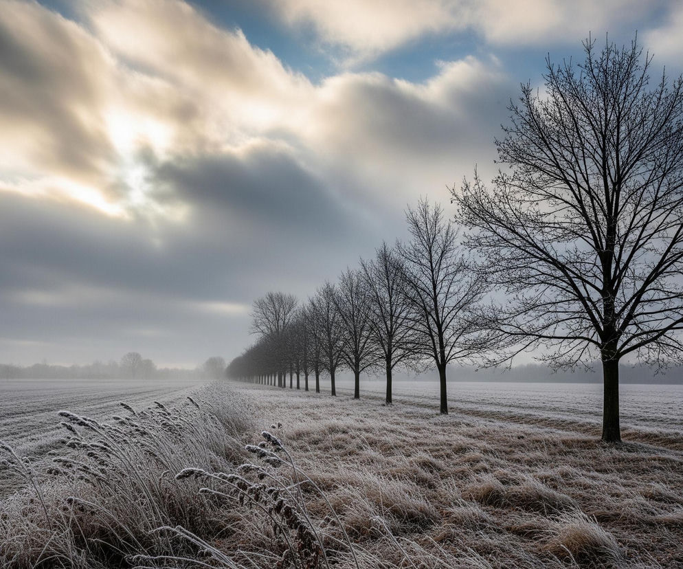 Na obrazie dominuje zimowy krajobraz, gdzie po prawej stronie, na pierwszym planie, wznosi się samotne, bezlistne drzewo o ciemnym pniu i rozgałęzionych, cienkich konarach. Za nim, w linii prostej rozciągającej się w głąb perspektywy, widoczny jest rząd identycznych, nagich drzew, tworzących aleję. Całe podłoże po obu stronach alei pokryte jest zroszonym szronem, lśniącym bielą, co obejmuje pola uprawne z widocznymi rzędami oraz kępy suchej trawy. Niebo wypełniają gęste, szare chmury, miejscami rozświetlone jasnym, słonecznym blaskiem przebijającym się przez ich warstwy, a w górnej części obrazu widoczne są fragmenty błękitnego nieba.