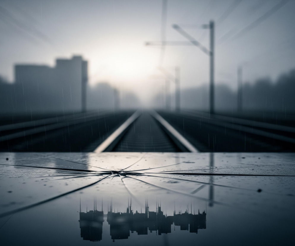 Ciemne, deszczowe otoczenie z perspektywy niskiego punktu widzenia. Na pierwszym planie widoczna jest mokra powierzchnia, która odbija otoczenie, z wyraźnym pęknięciem w jej centrum, rozchodzącym się na boki. W tle rozciągają się tory kolejowe, prowadzące w kierunku rozmytego, jasnego punktu na horyzoncie, sugerującego odległe światło. Po obu stronach torów widać niewyraźne sylwetki budynków i drzew, a także słupy trakcji kolejowej. Całość utrzymana jest w chłodnej palecie barw, dominują odcienie szarości i granatu, a cienkie, pionowe linie sugerują padający deszcz.