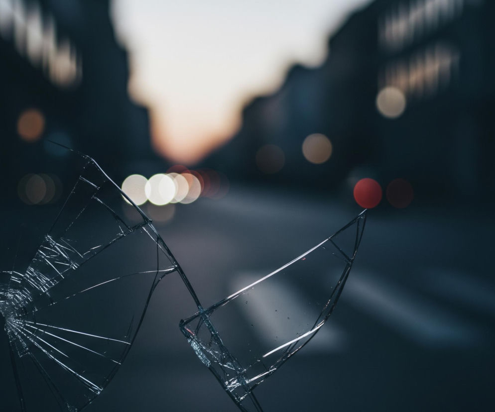 Na pierwszym planie widoczne są dwa pęknięte kawałki szkła, o ostrych krawędziach, które odbijają światło. Lewy kawałek szkła jest popękany na drobne fragmenty z licznymi liniami pęknięć rozchodzącymi się od centralnego punktu, natomiast prawy kawałek jest większy i mniej rozbity, lecz wyraźnie oddzielony od lewego. Tło jest rozmyte, przedstawiające ulicę miejską o zmierzchu lub w nocy, z niewyraźnymi budynkami po obu stronach. W tle widoczne są również rozmazane, okrągłe światła samochodów lub latarni, o barwach białej, żółtej i czerwonej, rozmieszczone wzdłuż drogi, która krzyżuje się ze smugą jaśniejszego, poziomowego światła.