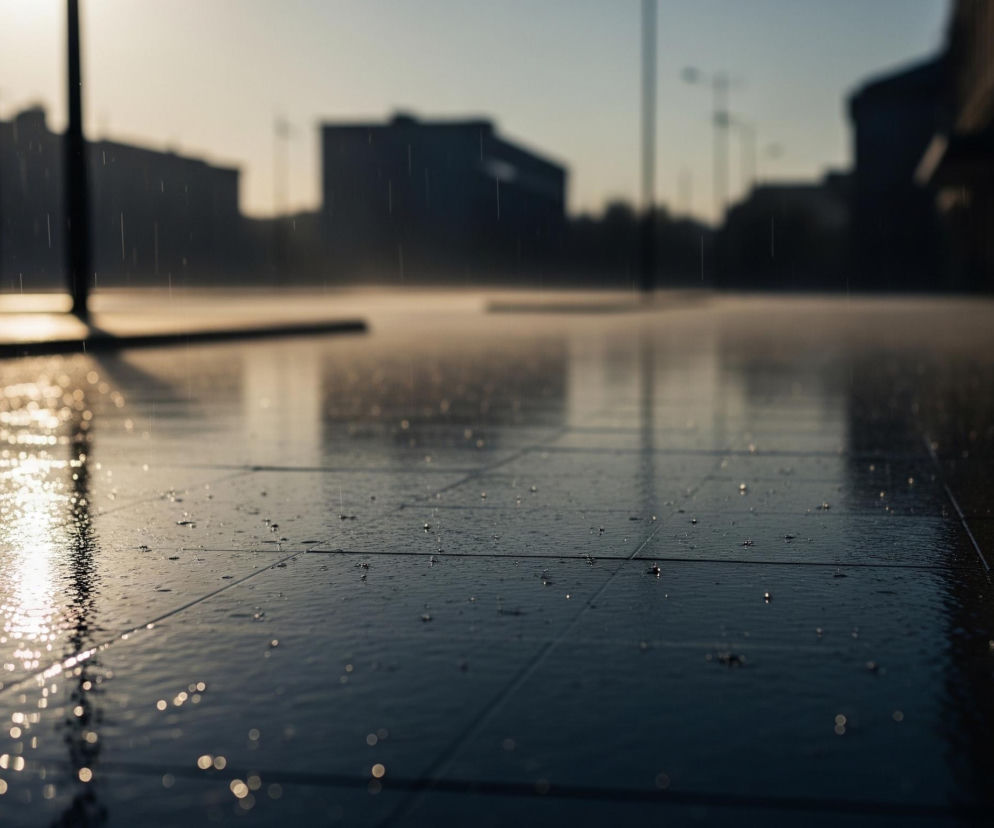 Deszczowe krople lśnią na ciemnym, wyłożonym płytkami podłożu, odbijając światło w postaci jasnych, rozproszonych plamek. W tle, w oddali widoczne są zamazane, ciemne sylwetki budynków i latarni, sprawiające wrażenie miejskiego krajobrazu. Horyzont jaśnieje ciepłym, mlecznym światłem, które przebija się przez padający deszcz, tworząc delikatną, zamgloną atmosferę. Cała scena utrzymana jest w chłodnych odcieniach szarości i błękitu, przełamanych ciepłymi tonami światła.