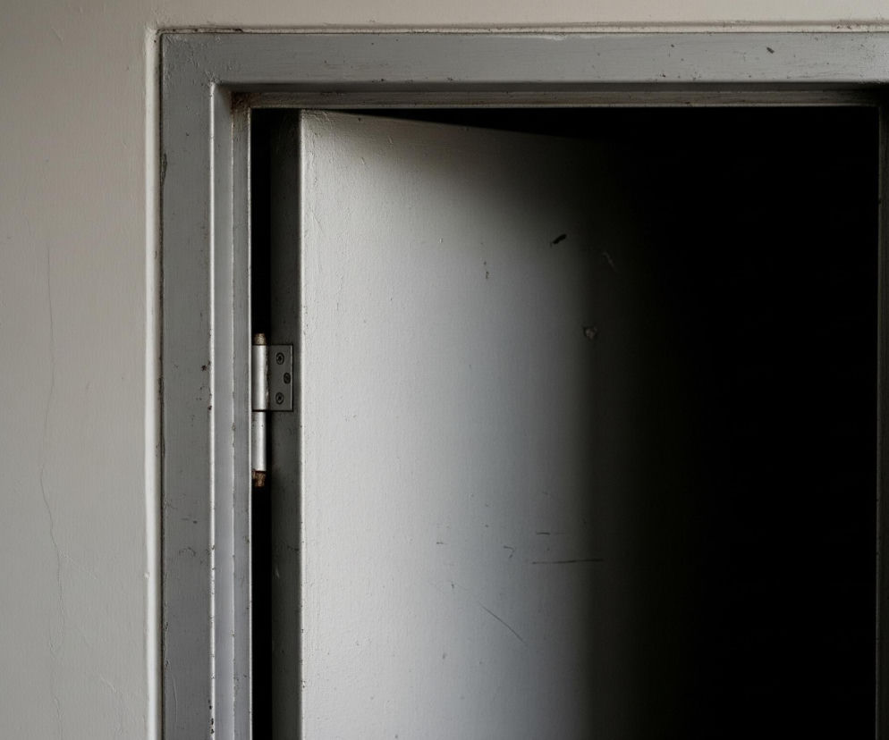 Półotwarte drzwi ukazują wnętrze ciemnego pomieszczenia, tworząc silny kontrast między oświetloną ścianą i framugą a ciemnością po prawej stronie. Framuga drzwi, pomalowana na szaro, jest wyraźnie zużyta, z widocznymi odpryskami farby i zabrudzeniami. Zardzewiały zawias mocuje skrzydło drzwi do framugi, a samo skrzydło jest jasne po lewej stronie, stając się coraz ciemniejsze wpadając w głęboką czerń po prawej.