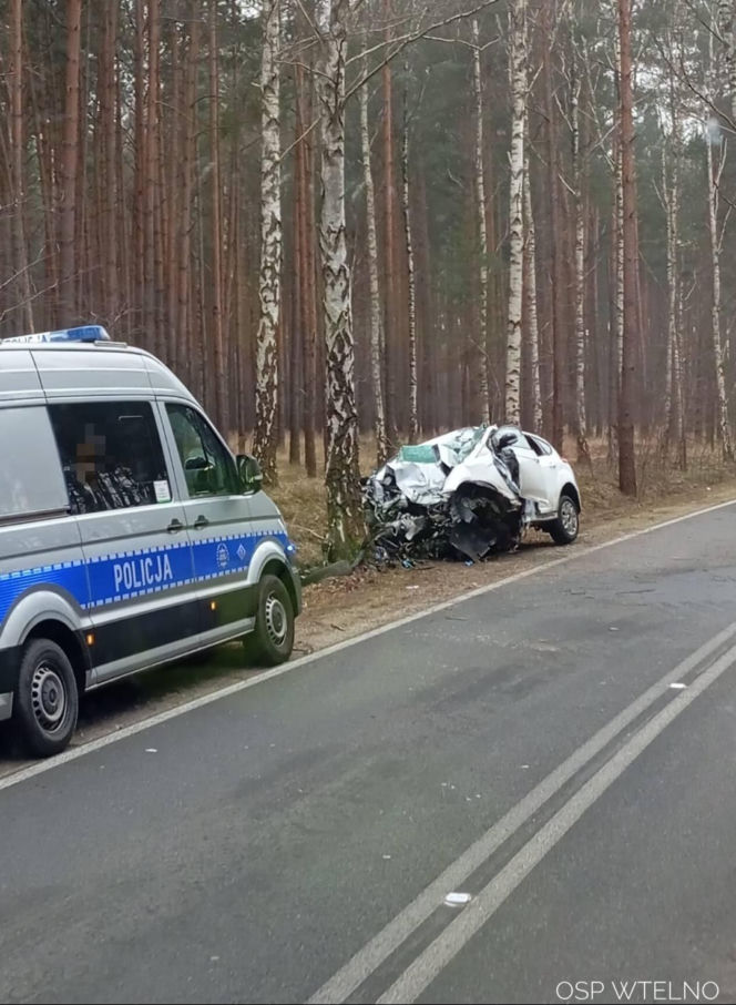 Groźny wypadek pod Bydgoszczą! Kierowca zakleszczony w aucie po uderzeniu w drzewo