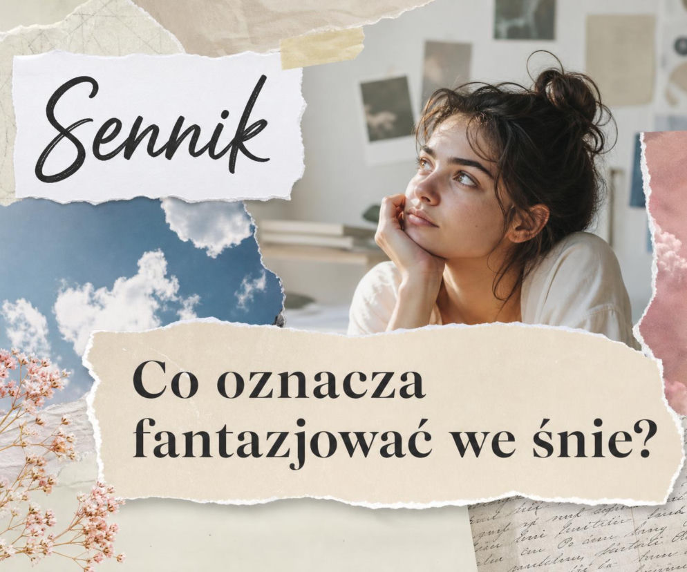 Zamyślona kobieta patrzy w górę na tle kolażu z niebem i kwiatami. O znaczeniu snów przeczytasz na SE.