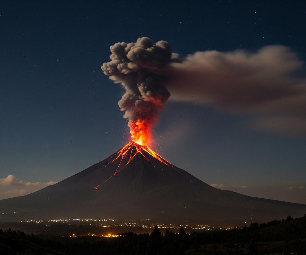 Wulkan wybucha, wyrzucając jasnoczerwone i pomarańczowe strumienie lawy z krateru, rozświetlając otaczający dym, który unosi się w szarej chmurze. Lśniące strugi lawy spływają po ciemnych zboczach góry, która dominuje w centrum kadru. U podnóża wulkanu, w ciemności nocy, rozpościera się widok na miasto z licznymi, jasno świecącymi światłami. Całe niebo jest ciemnoniebieskie, usiane licznymi, drobnymi gwiazdami, a po prawej stronie widać rozległą, szarą chmurę, która częściowo przysłania nocne niebo.