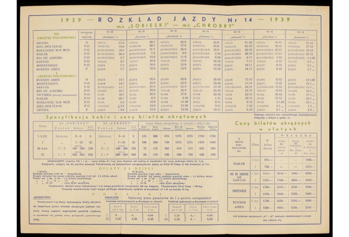 Linia Południowo-Amerykańska : rozkład jazdy nr 14 - 1939 r. do Brazylii, Urugwaju, Argentyny - m/s "Sobieski, m/s "Chrobry" 