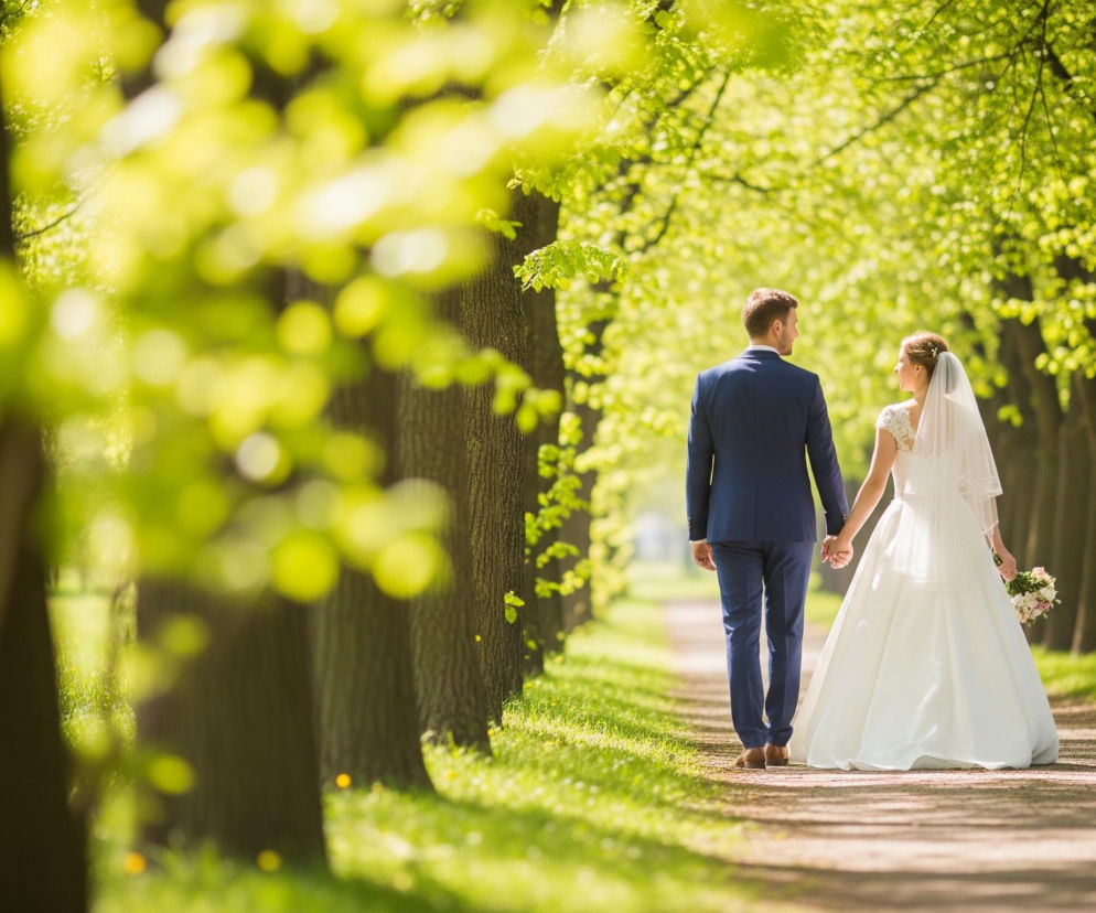 Dwie osoby, kobieta w białej sukni ślubnej i mężczyzna w granatowym garniturze, idą alejką, trzymając się za ręce. Alejka wysadzana jest z obu stron rzędem wysokich drzew o ciemnych pniach i jasnozielonych liściach, tworzących nad nimi koronę. Słońce prześwituje przez liście, tworząc jasne plamy światła na ziemi i pniach drzew. Trawniki po obu stronach alei są intensywnie zielone.