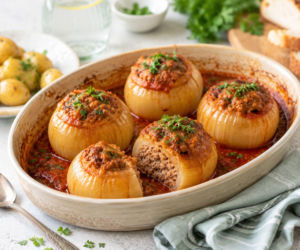 Faszerowane cebule pieczone w sosie. Zamiast papryki i cukinii podaj je z mięsnym albo grzybowym farszem