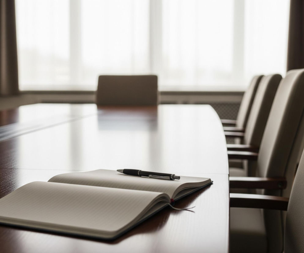 Długi, ciemnobrązowy, polerowany stół konferencyjny dominuje w centrum obrazu, rozciągając się od lewej do prawej strony. Na blacie leży otwarty notatnik w kratkę z czarnym długopisem ułożonym na prawej stronie. Po obu stronach stołu widać rzędy jasnych, kremowych lub beżowych krzeseł, częściowo widocznych, niektóre z drewnianymi podłokietnikami, skierowanych ku sobie. W tle znajduje się duże, jasne okno z widocznymi ciemnobrązowymi zasłonami po jego bokach, wpuszczające do pomieszczenia rozproszone światło.