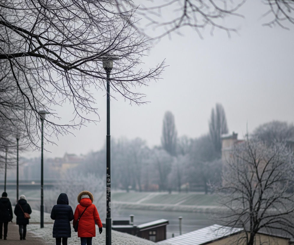 Dwie osoby idą alejka w prawą stronę, widoczne od tyłu. Osoba po lewej ma na sobie czarną, pikowaną kurtkę z kapturem, a po prawej intensywnie czerwoną kurtkę z futrzanym obszyciem kaptura. Po lewej stronie alejki biegnie rząd drzew o gołych, oszronionych gałęziach, a w tle widać rzekę i zamglony horyzont z budynkami oraz drzewami. Szare, zachmurzone niebo dominuje górną część kadru, a wzdłuż ścieżki rozmieszczone są latarnie uliczne, z których jedna jest wyraźnie widoczna po prawej stronie.