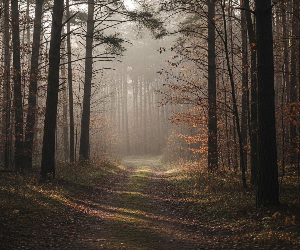 Wąska, kręta leśna ścieżka pokryta liśćmi biegnie przez środek kadru, znikając w oddali w gęstej mgle. Po obu stronach ścieżki wznoszą się wysokie, smukłe drzewa o ciemnych pniach i gałęziach, niektóre z nich mają jeszcze pomarańczowo-brązowe liście. Młode drzewka i krzewy z opadającymi liśćmi wypełniają przestrzeń między pnie na poboczach drogi, po prawej stronie widać wyraźne skupisko pomarańczowych liści. Mgła unosi się między drzewami, nadając scenie eteryczny, zamglony wygląd i sprawiając, że dalsze partie lasu stają się niewyraźne. Słońce, prawdopodobnie znajdujące się za mgłą, tworzy jasne smugi światła na ścieżce i na pniach drzew.