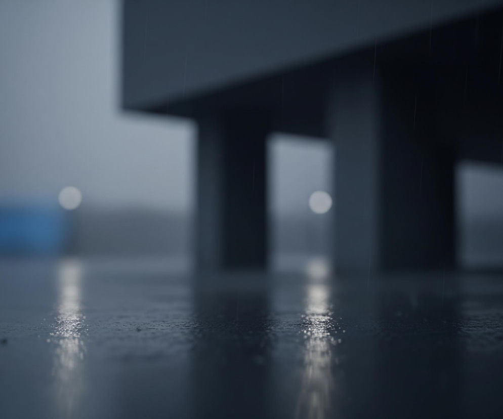 Błyszcząca, mokra powierzchnia zajmuje większą część kadru, z wyraźnymi kroplami wody na pierwszym planie, odbijającymi jasne, rozmyte światło. Dalej, na środku obrazu, widać ciemną, prostokątną konstrukcję wspartą na filarach, tworzącą swego rodzaju zadaszenie. W tle, po lewej stronie, znajdują się dwa rozmyte kształty w kolorach czerwonym i niebieskim, a także kilka jasnych, okrągłych punktów światła, które odbijają się również na mokrej nawierzchni. Całość utrzymana jest w chłodnej tonacji szarości i błękitu, sugerującej deszczowy lub pochmurny dzień.