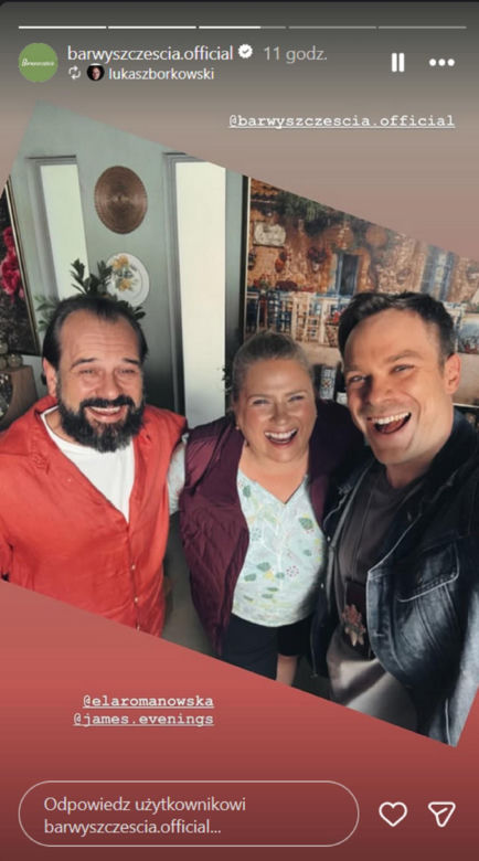 Barwy szczęścia nowy sezon na planie. Aldona (Elżbieta Romanowska), Borys (Jakub Wieczorek), Majak (Łukasz Borowski)