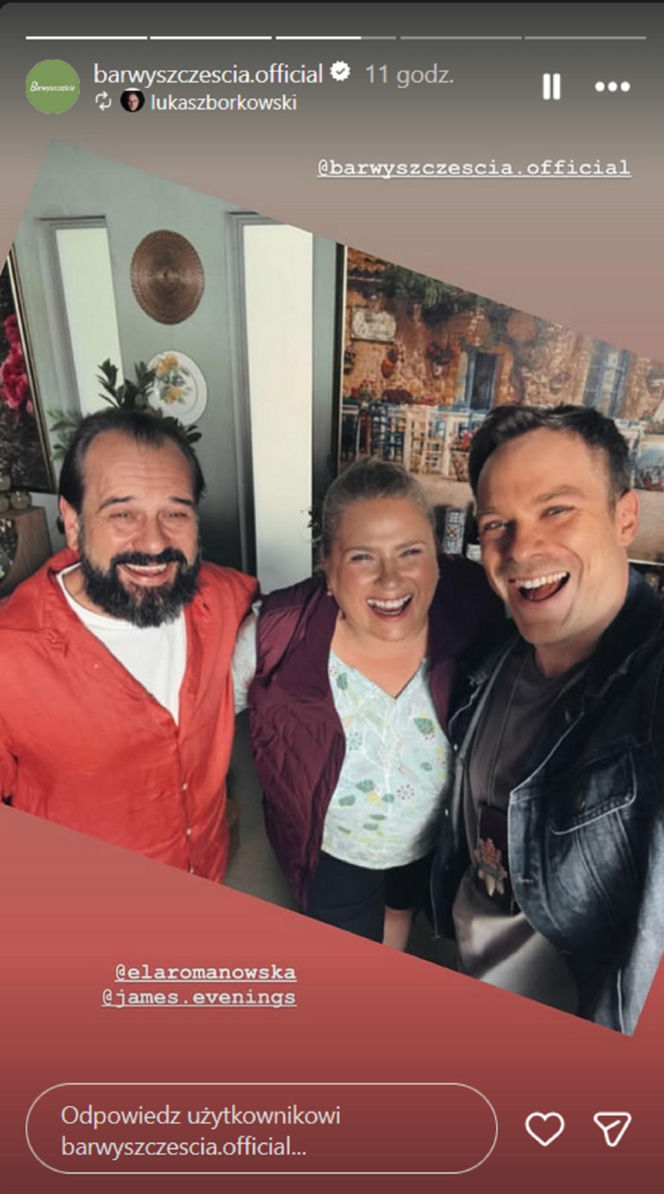 Barwy szczęścia nowy sezon na planie. Aldona (Elżbieta Romanowska), Borys (Jakub Wieczorek), Majak (Łukasz Borowski)
