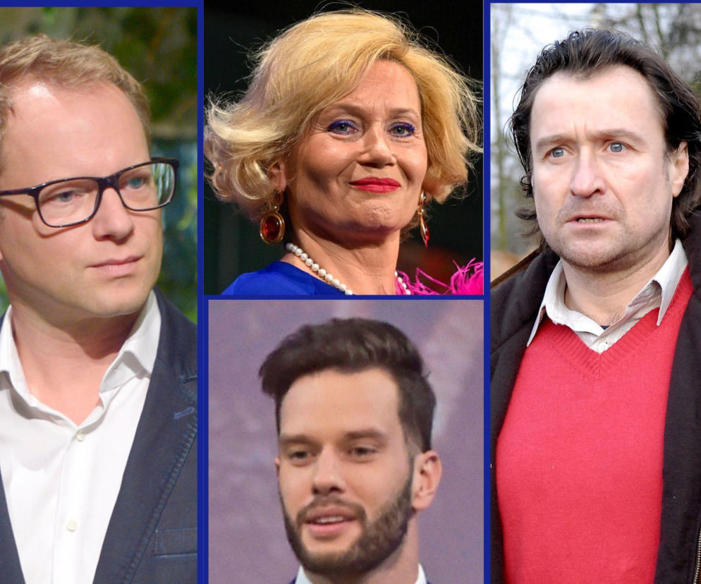 Maciej Stuhr i Jacek Kawalec obok mniejszych zdjęć Lucyny Malec i Konrada Pondo. O serialowych nauczycielach w Eska2.
