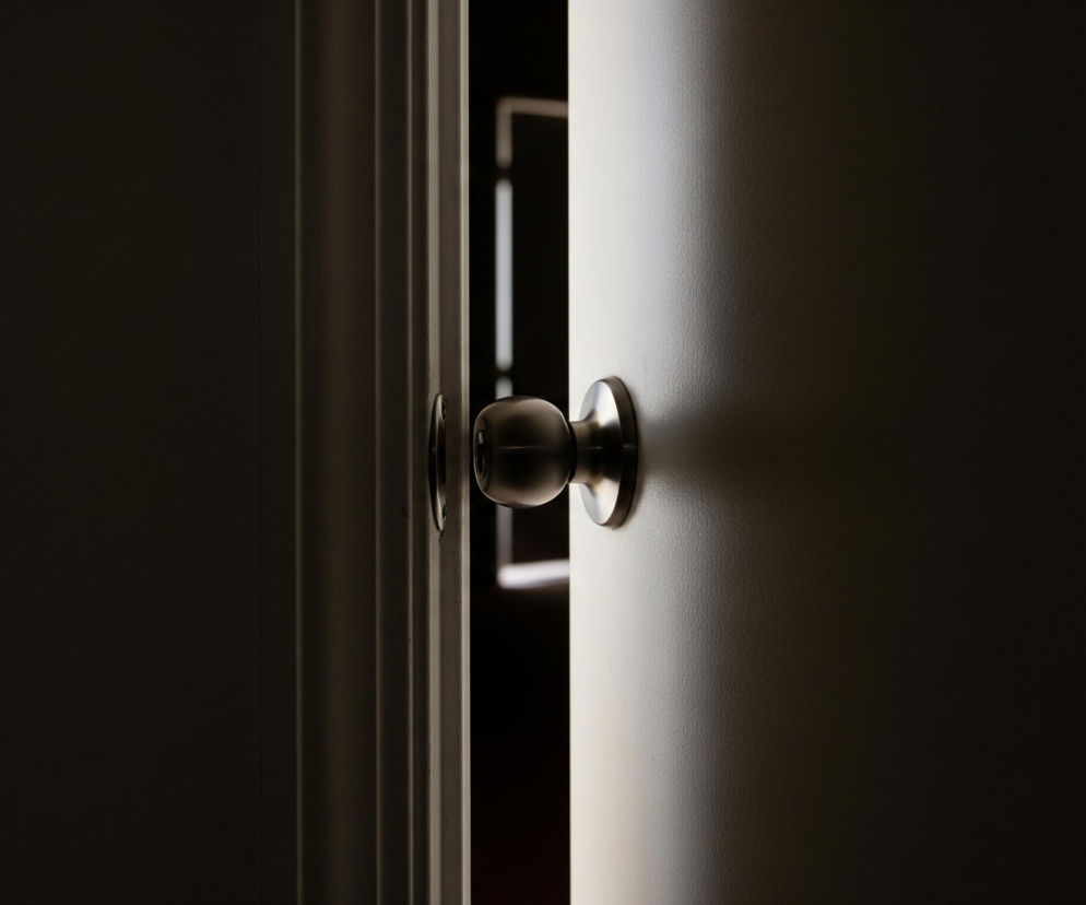 Uchylone drzwi ukazują jasną klamkę w centralnej części zdjęcia. Po lewej stronie widać ciemną krawędź otwartych drzwi, natomiast po prawej rozświetlony fragment skrzydła drzwiowego, przechodzący w cień w kierunku prawej krawędzi obrazu. Pomiędzy uchylonymi drzwiami widoczna jest wąska przestrzeń, przez którą wpada światło, rozjaśniające fragment ściany w głębi po prawej stronie. Dominują ciemne, stonowane barwy z kontrastującym jasnym światłem prześwitującym zza drzwi.
